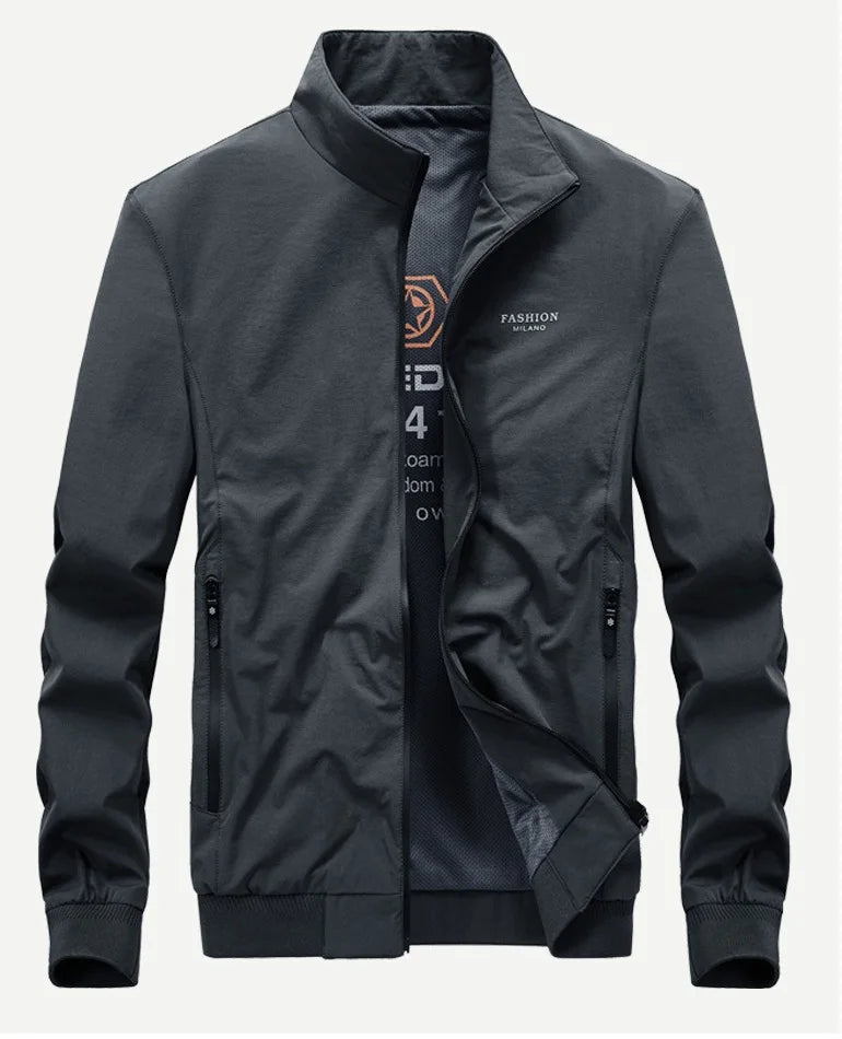 Dark gray jacket with brand logo on a light gray background