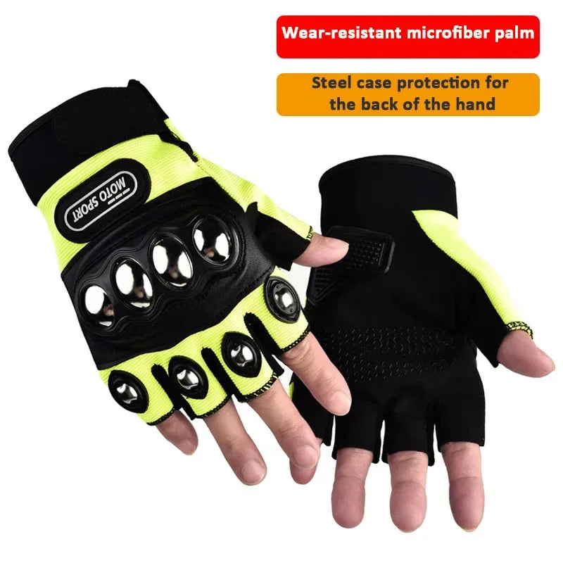 Black and yellow gloves with wear-resistant microfiber palm and steel case protection on a white background.