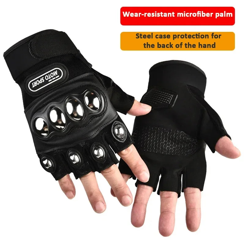 Black gloves with cut-out design on fingers, showing wear-resistant microfiber palm and steel case protection for the back of the hand.
