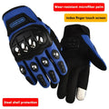 Blue and black motorcycle gloves with text highlighting features on a white background