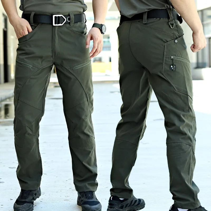 Two views of a person wearing olive Cut-Resistant Tactical Trousers