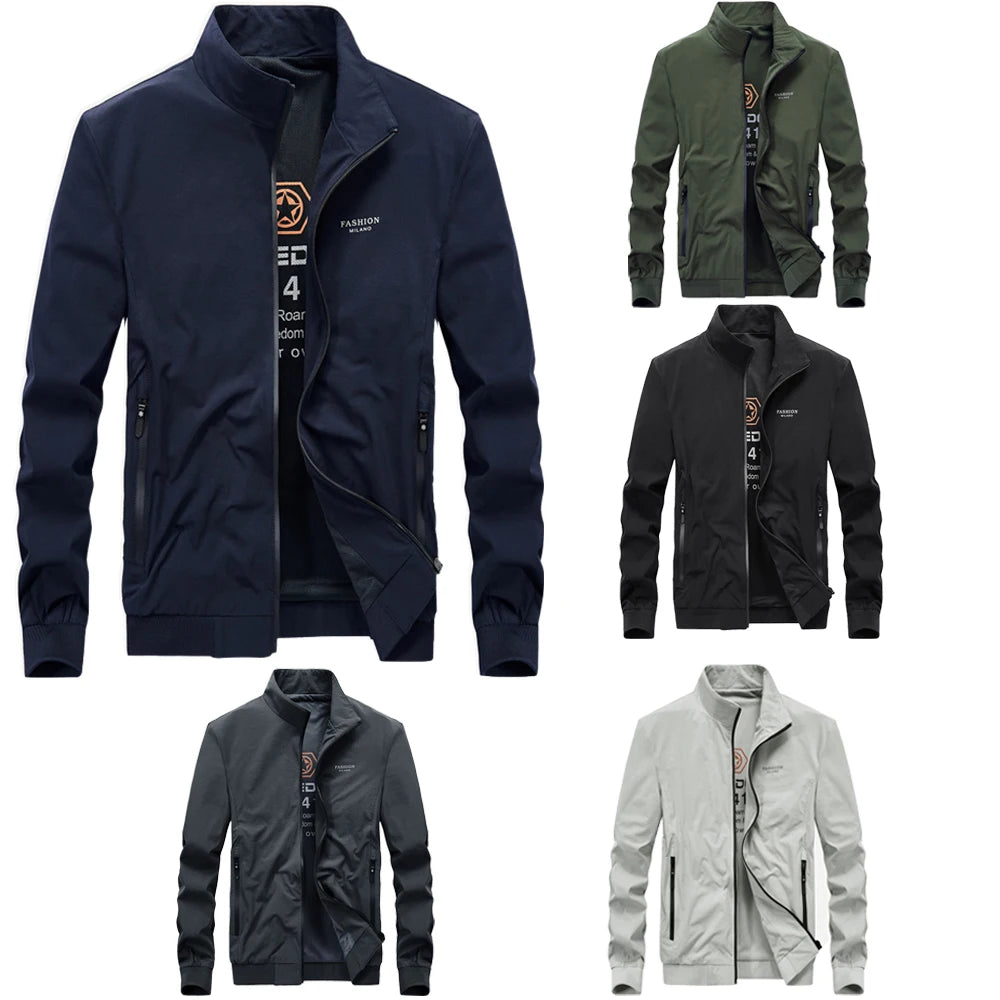 Collection of men's jackets in various colors on a white background