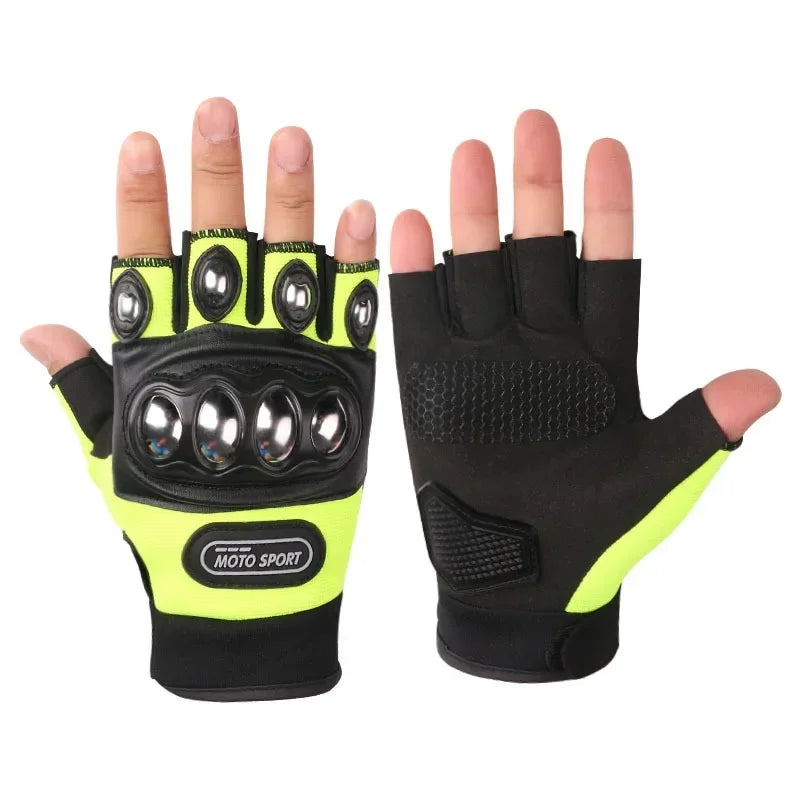 Pair of black and neon green gloves with 'Moto Sport' branding on a white background