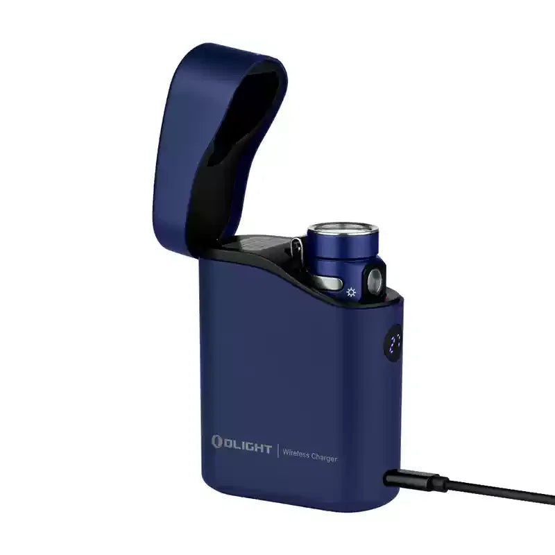 Blue wireless charger with open cover on a white background
