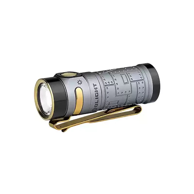 Folding flashlight with metallic finish on a white background