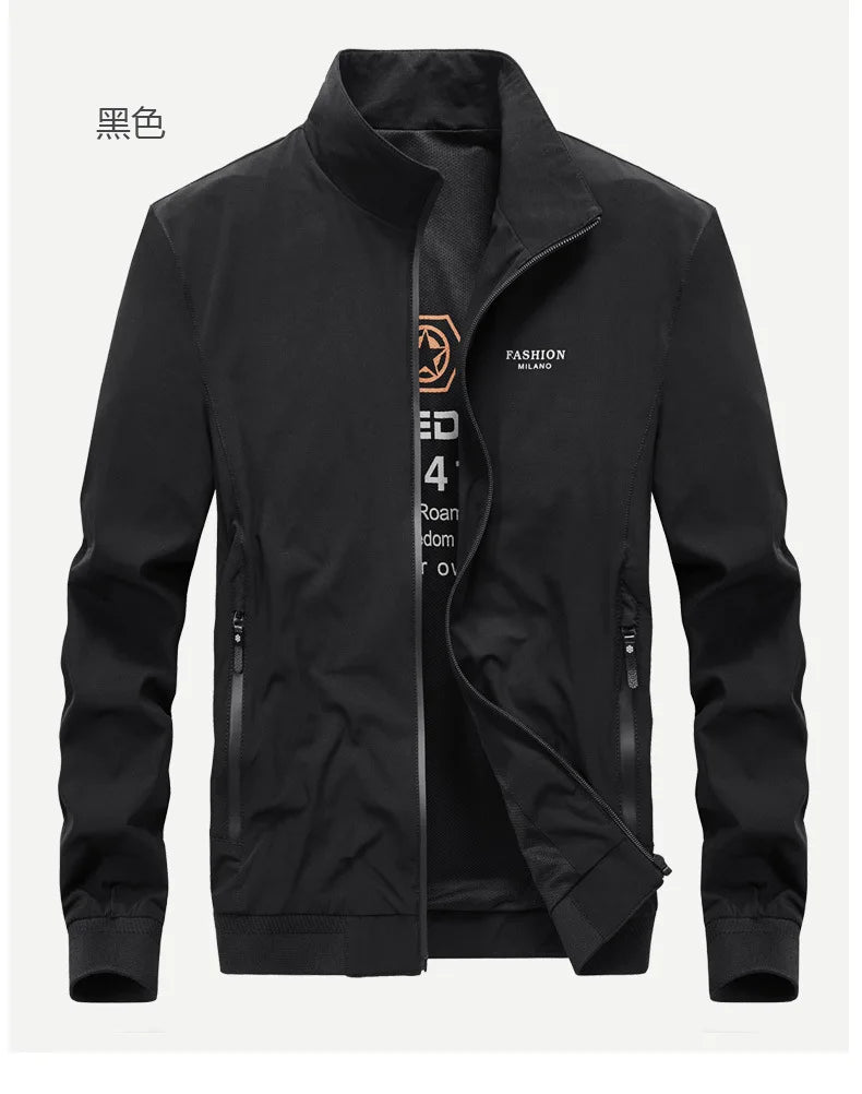 Black jacket with branding on a white background
