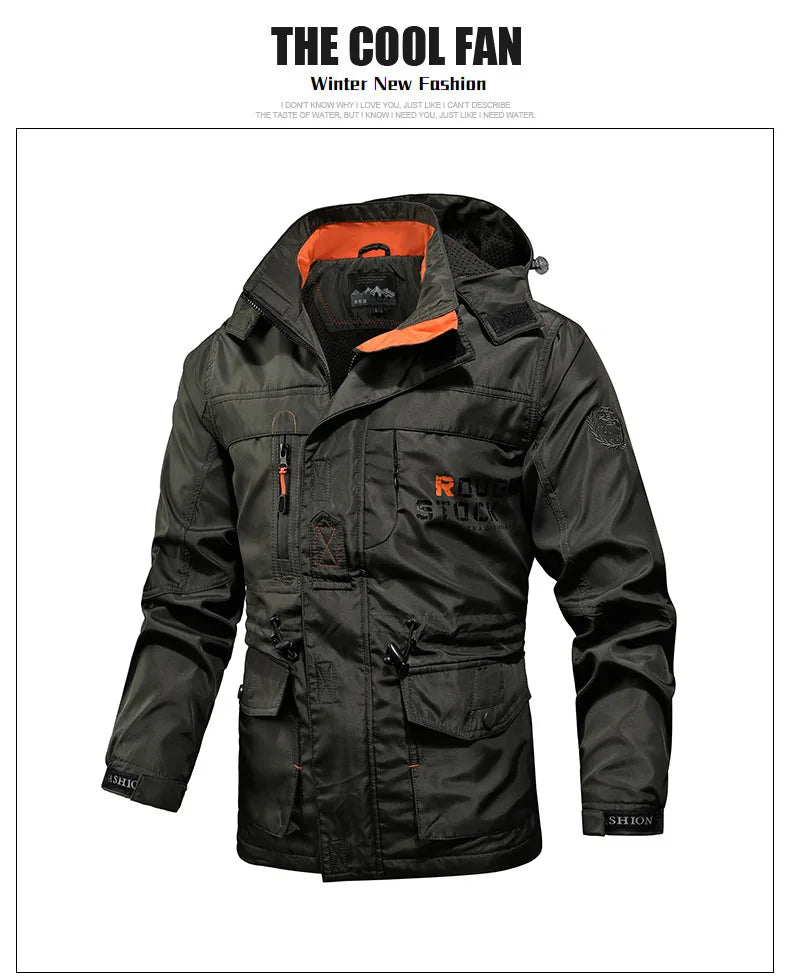 Black winter Cut resistant Jacket with orange interior on a white background