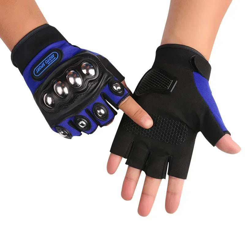 Black and blue gloves with metallic ball accents on a white background