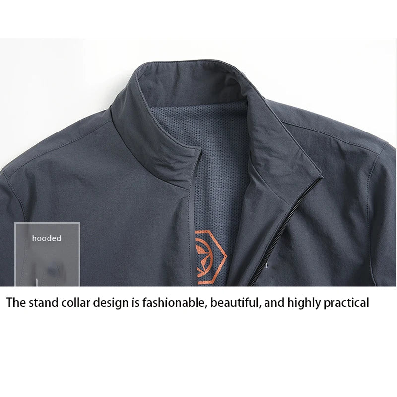 Dark gray jacket with stand collar design on a light gray background