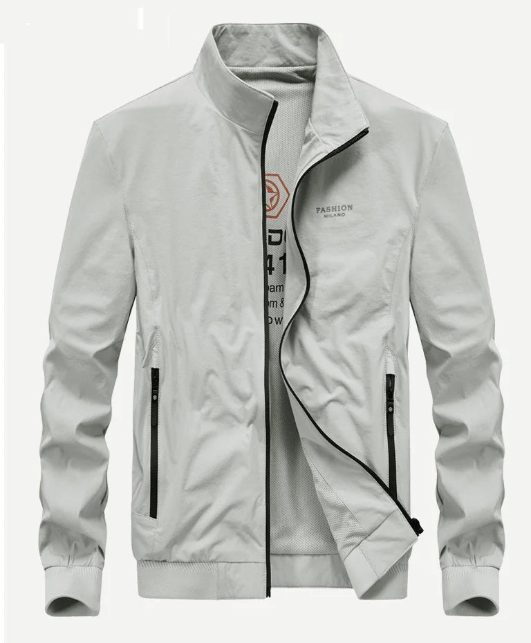 Light gray jacket with black accents on a white background
