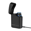 Black wireless charger with a small blue light on a white background