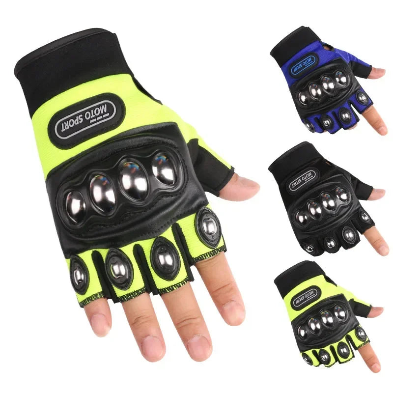 Motorcycle gloves with half-finger design and metallic accents on a white background