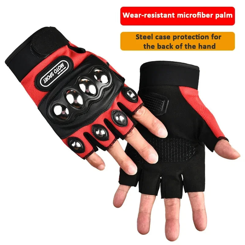 Red and black gloves with wear-resistant microfiber palm and steel case protection on a white background