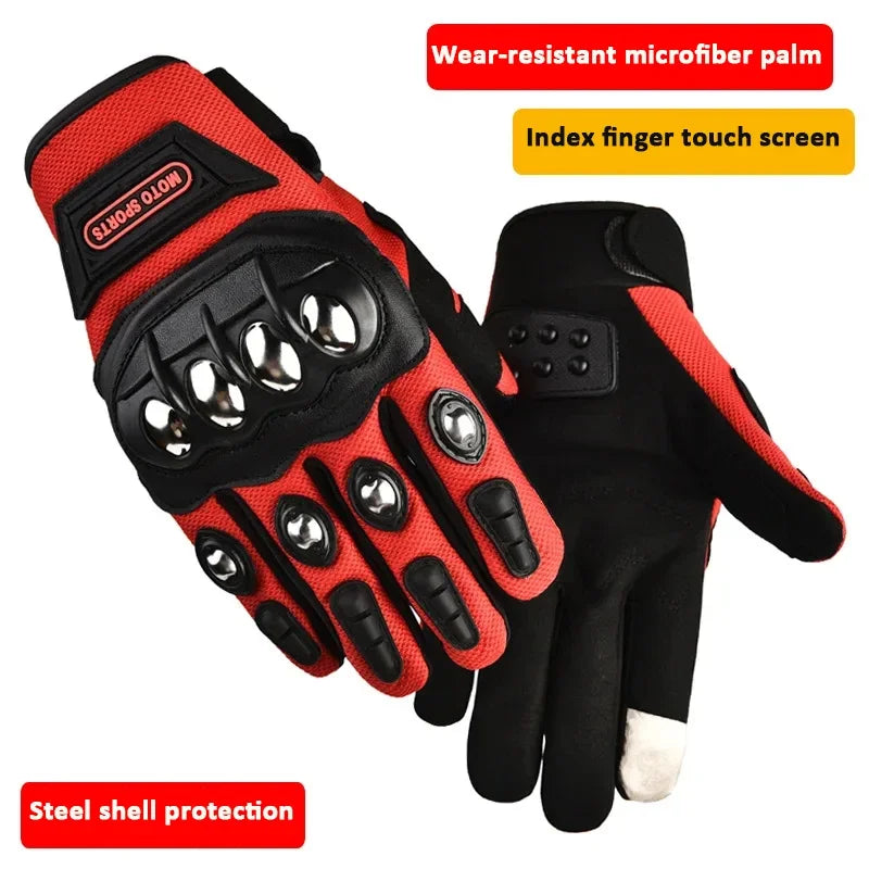 Red and black gloves with wear-resistant microfiber palm, index finger touch screen, and steel shell protection on a white background.