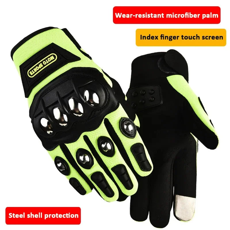 Pair of green and black gloves with text highlighting features on a white background