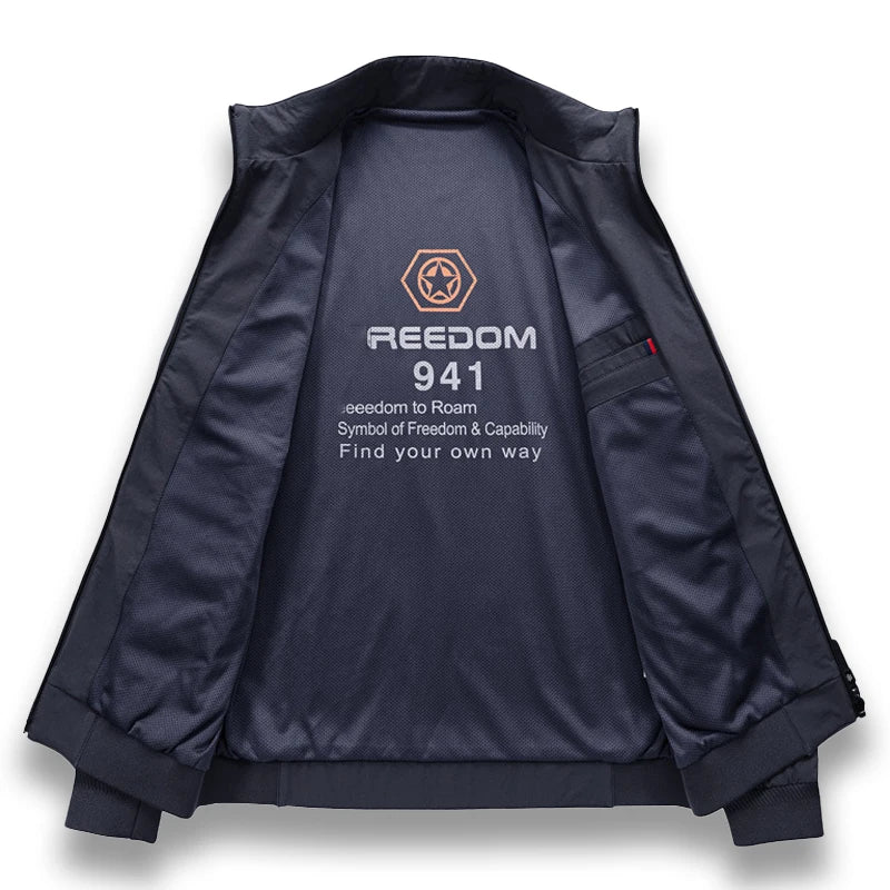 Navy blue jacket with 'Reedom 941' branding on a white background