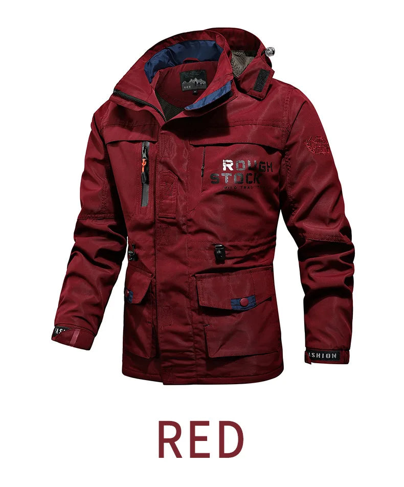 Red Cut resistant Jacket with 'Rough Stock' branding on a white background