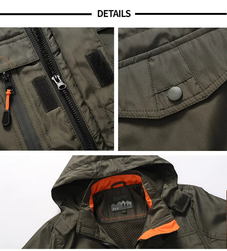 Close-up details of a green Cut resistant Jacket with zippers, buttons, and orange accents on a white background.