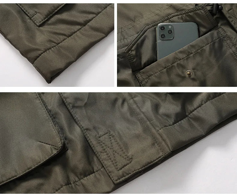 Collage of a green Cut resistant Jacket with a phone in the pocket on a white background