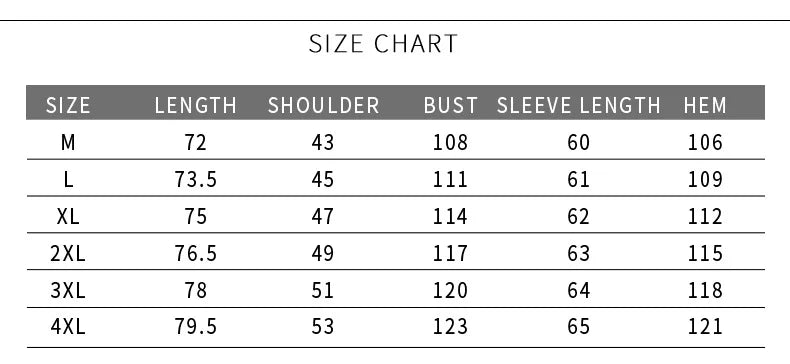 Size chart for clothing with measurements in centimeters of Cut resistant Jacket