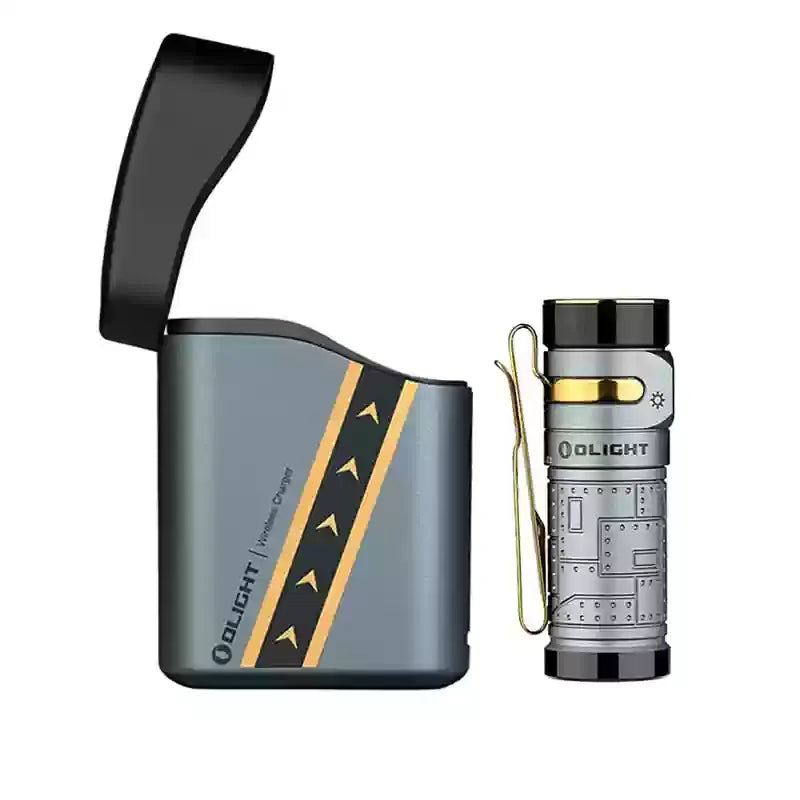 Olight flashlight and charging case on a white background