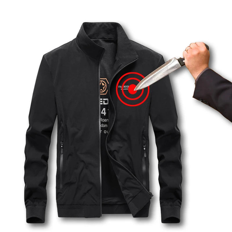 Black jacket with a target design and a hand holding a knife on a white background
