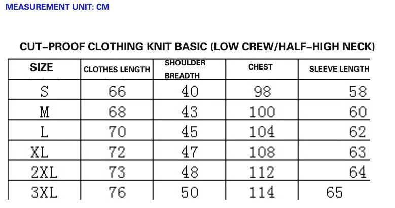 A measurement chart in Chinese for a knit basic cut-proof clothing size guide, showing sizes S through 3XL with columns for clothes length, shoulder breadth, chest, and sleeve length in centimeters.