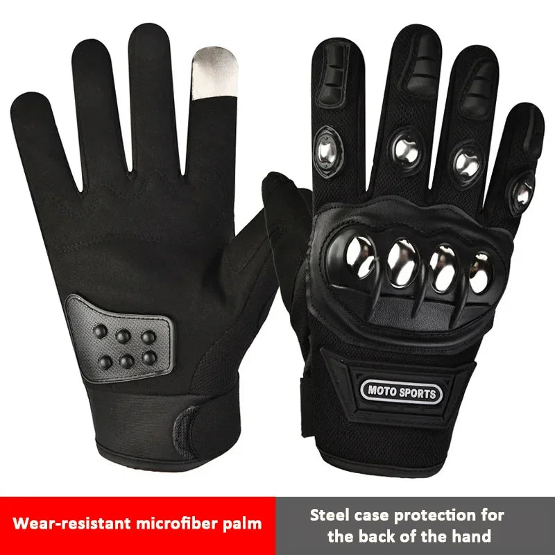 Black motorcycle gloves with text on a white background