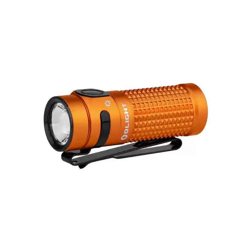 Orange flashlight with black stand on a white background