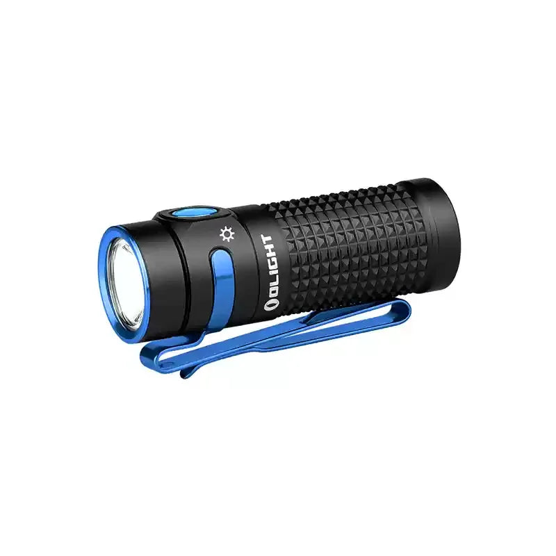 Black flashlight with blue accents on a white background