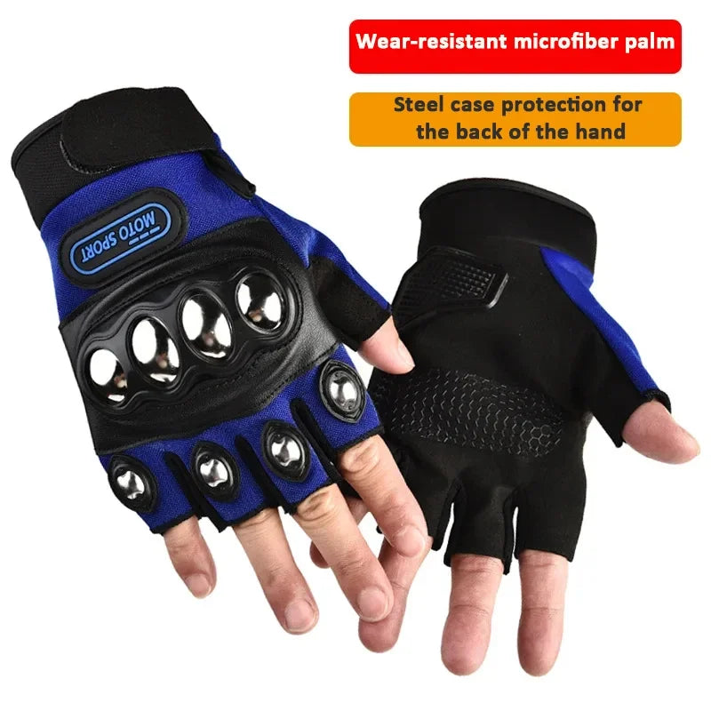 Blue and black gloves with wear-resistant microfiber palm and steel case protection on a white background.