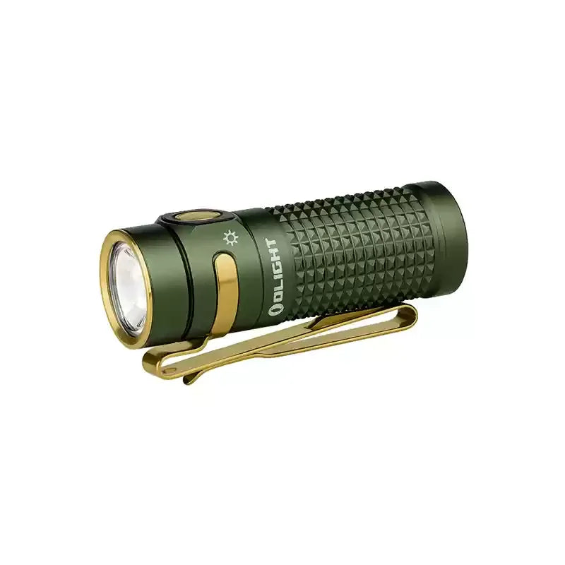 Green flashlight with gold accents on a white background
