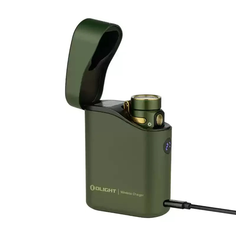 Green electronic device with a charging cable on a white background