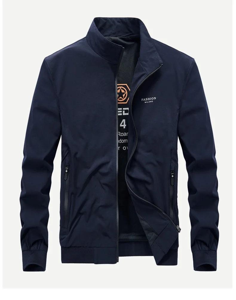 Navy blue jacket with brand logo on a white background