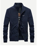Navy blue jacket with brand logo on a white background