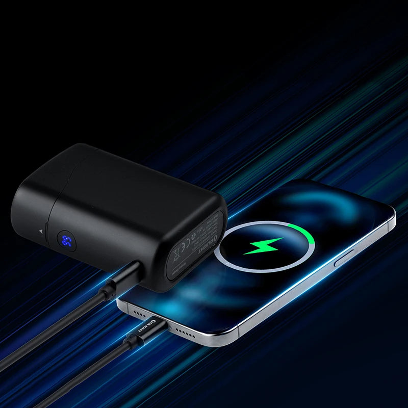 Black charging adapter connected to a smartphone with a glowing lightning bolt symbol on a dark background