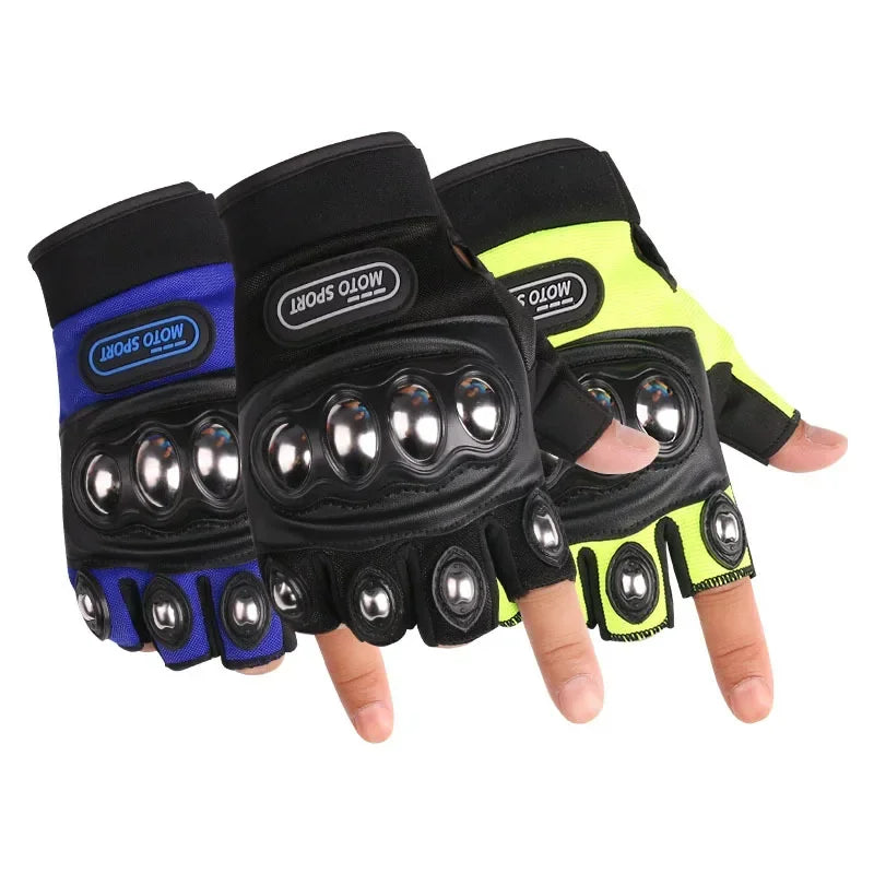 Three gloves in blue, black, and green on a white background